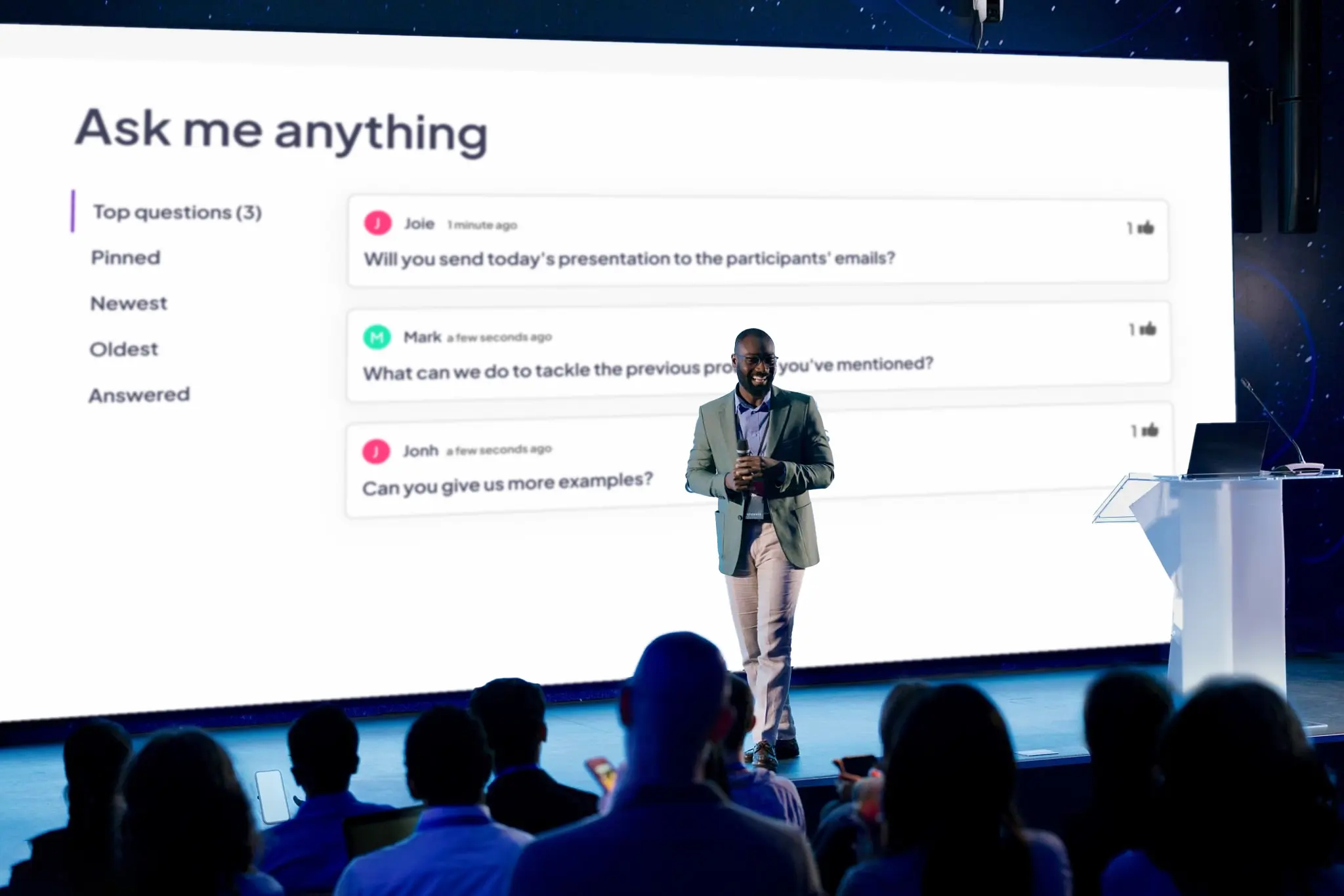Et spørsmål-og-svar-lysbilde i AhaSlides som lar foredragsholderen spørre og deltakerne svare i sanntid